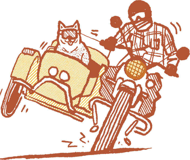 An illustration of a person driving a motorcycle with a canine companion riding in the side car.